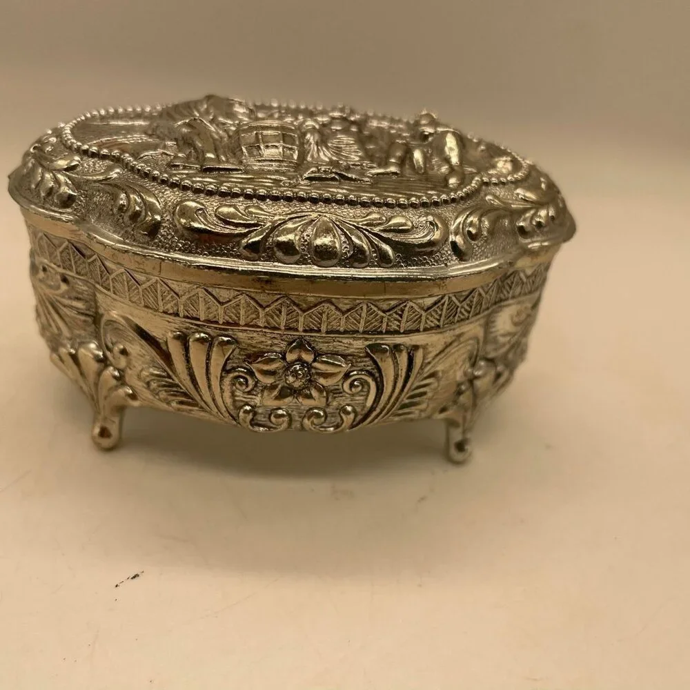 Vintage Silver Ornate Oval Casket Japanese Footed Jewelry Box Red Velvet Lined